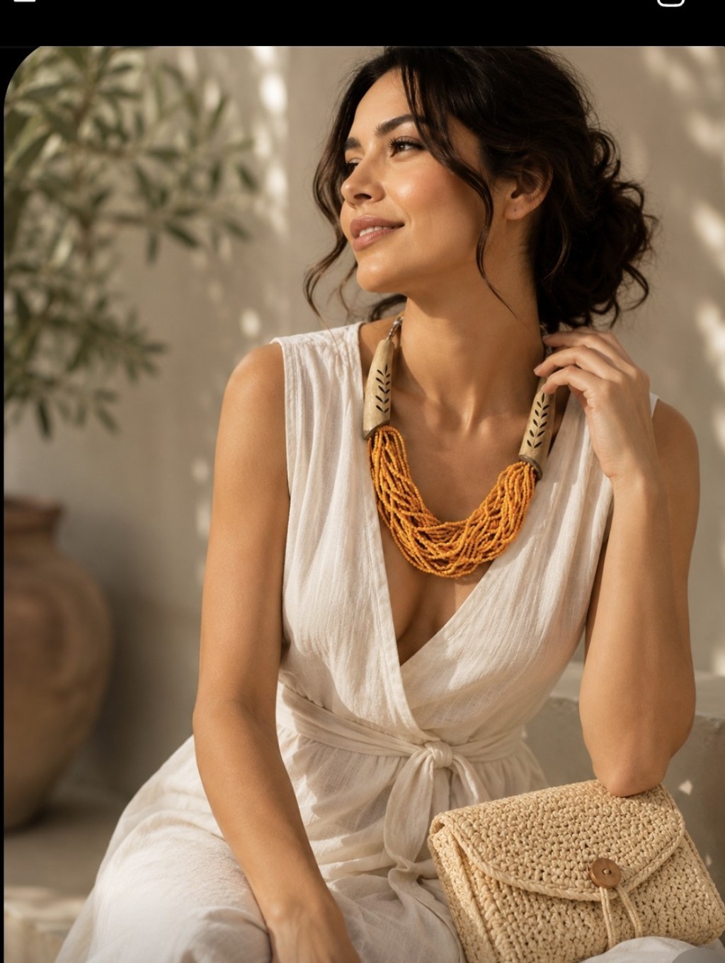Multi Strand Mustard Beaded And Wooden Necklace